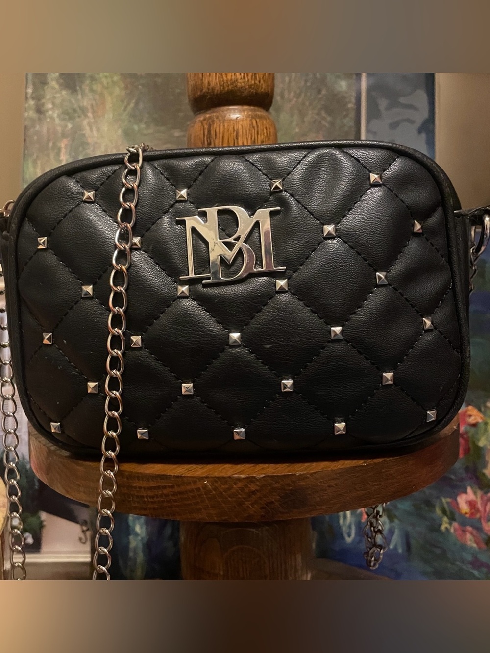 Badgley Mischka Quilted Black Crossbody Bag with Chain and Stud Detail